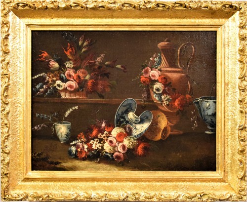Still life with flower pots - Gaspare López (1677- 1732) - Paintings & Drawings Style Louis XIV